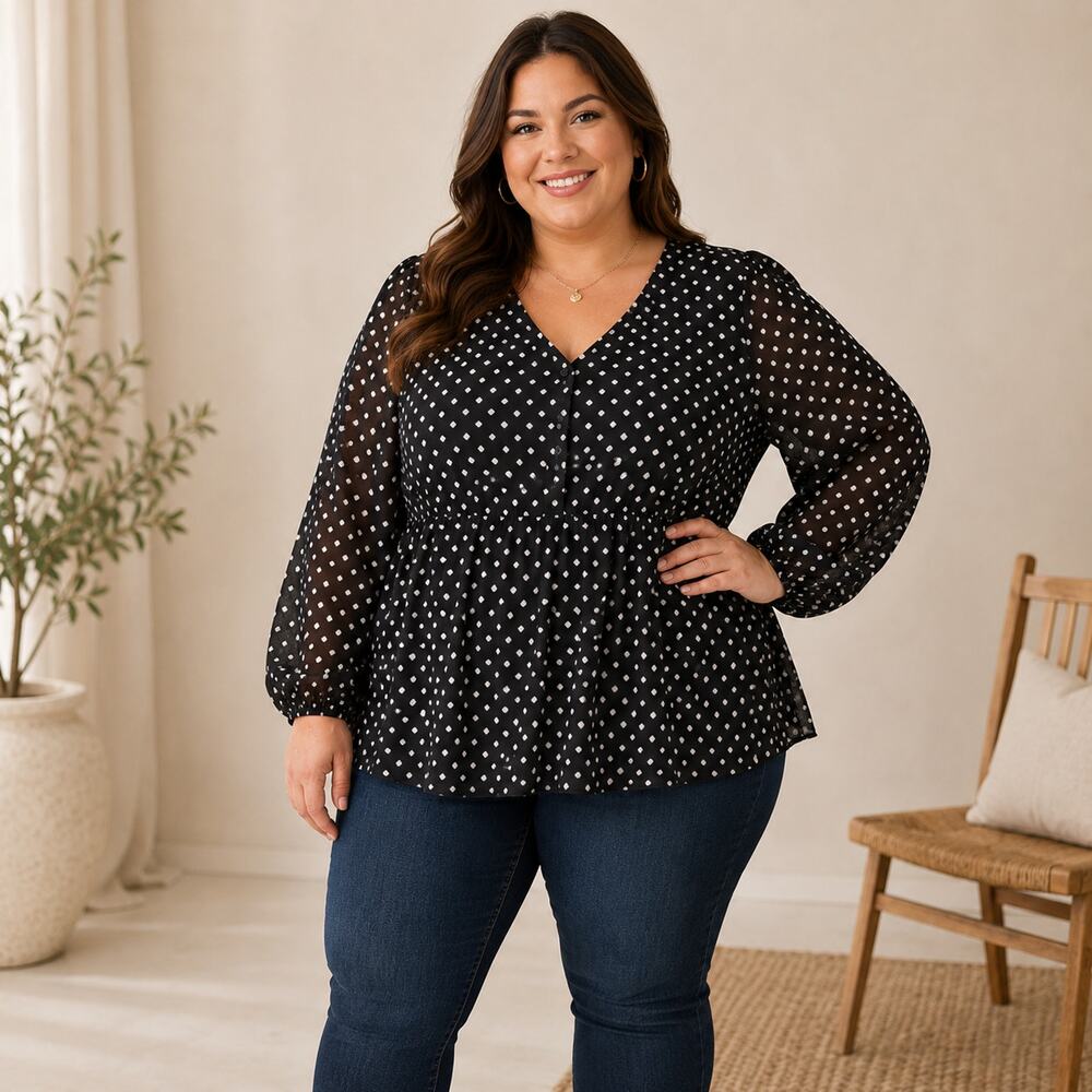 Lane Bryant Women's 18 Black White Ditsy Floral Peplum Blouse Sheer Work Office